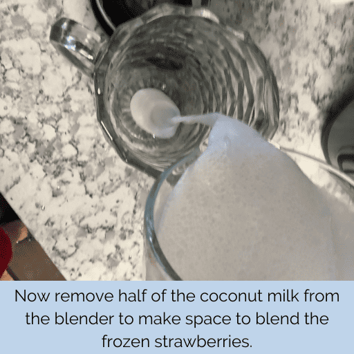 blended canned coconut milk being poured into a glass pitcher