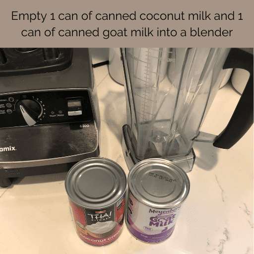 a can of coconut milk and a can of goat milk sitting on the counter top in front of a blender