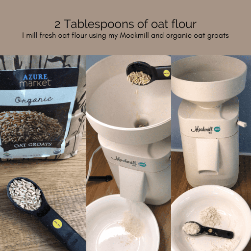 three images of organic oat grouts being ground into flour
