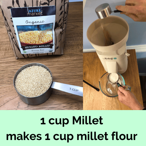 Measure 1 cup of millet. Then, mill into one cup of millet flour.