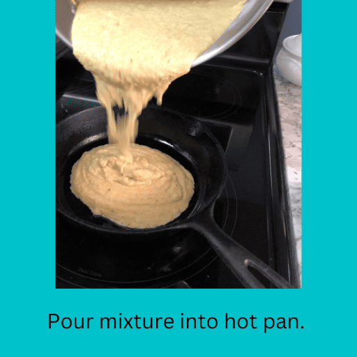 Pour the gluten free cornbread batter into the hot skillet.