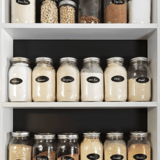 stocked pantry with jars of flours, spices, and sugars that creates food security
